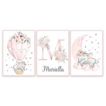 Quadro Decorativo Infantil Quarto Menina Personalizado Com Seu Nome Elefante Balões Rosa