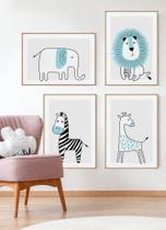 Quadro Decorativo Infantil Safari Azul Quarto Bebê Menino 4 peças Zebra Girafa Leao Elefante