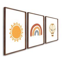 Quadro Decorativo Infantil Sol Balão e Arco Íris com 3 Telas Cm de Parede para Quarto Sala Brinquedo Sem Vidro