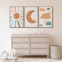 Quadro Decorativo Infantil Sol Lua e Nuvens 3 Telas 60x90 Cm para Quarto Sala Brinquedoteca