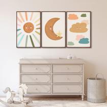 Quadro Decorativo Infantil Sol Lua e Nuvens com 3 Telas 50x75 ou 60x90 de Parede para Quarto Sala Brinquedoteca