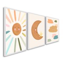 Quadro Decorativo Infantil Sol Lua e Nuvens com 3 Telas 50x75cm de Parede para Quarto Sala Brinquedoteca