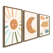 Quadro Decorativo Infantil Sol Lua e Nuvens com 3 Telas 50x75cm de Parede para Quarto Sala Brinquedoteca