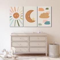 Quadro Decorativo Infantil Sol Lua e Nuvens com 3 Telas 60x90cm para Quarto Sala Brinquedoteca Com Vidro