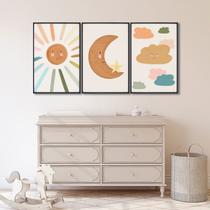 Quadro Decorativo Infantil Sol Lua e Nuvens com 3 Telas 60x90cm para Quarto Sala Brinquedoteca Com Vidro