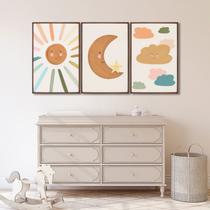 Quadro Decorativo Infantil Sol Lua e Nuvens com 3 Telas 60x90cm para Quarto Sala Brinquedoteca Com Vidro