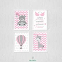 Quadro Decorativo Infantil Ursinho, Balão, Girafa e Oração Santo Anjo - Kit com 4 Quadros 20x30cm