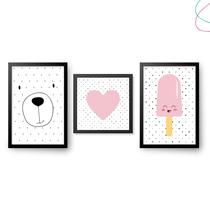 Quadro Decorativo Infantil Ursinho Escandinavo coração picolé kawaii Quadro Decorativo Infantil Ursinho Escandinavo coração picolé kawaii