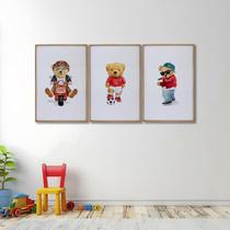 Quadro Decorativo Infantil Ursinhos Estilosos com 3 Telas de Parede para Quarto Sala Brinquedoteca 6 Sem Vidro