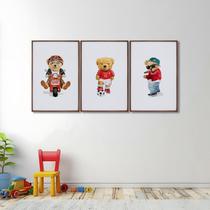 Quadro Decorativo Infantil Ursinhos Estilosos com 3 Telas de Parede para Quarto Sala Brinquedoteca 6 Tabaco