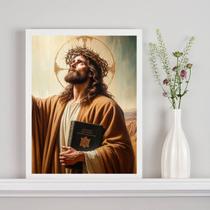Quadro Decorativo Jesus Com Bíblia 24x18cm - com vidro Quadro Decorativo Jesus Com Bíblia 24x18cm - com vidro