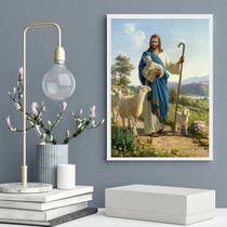 Quadro Decorativo Jesus Com Cordeiros 33x24cm - com vidro