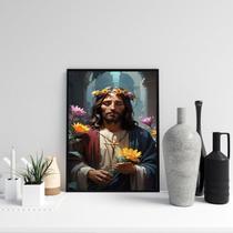 Quadro Decorativo Jesus Com Flores 33x24cm - com vidro