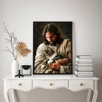 Quadro Decorativo Jesus Com Gato No Colo 45x34cm