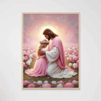 Quadro Decorativo Jesus Cristo e a Menina Rezando Quarto Infantil