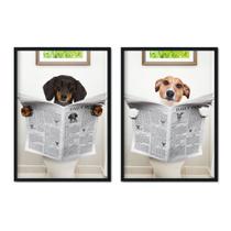 Quadro Decorativo Kit 2 Cachorro Lendo Jornal Sala Escritório Banheiro