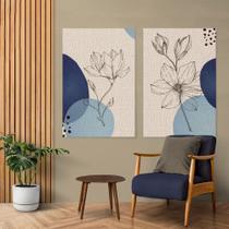 Quadro Decorativo Kit 2 Peças 40x60 Elementos Abstrato Tons de Azul e Detalhes Foral Canvas