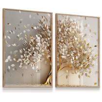 Quadro Decorativo Kit 2 VIDRO Árvore Folhas Douradas e Brancas 43x63 cada Quadro Decorativo Kit 2 VIDRO Árvore Folhas Douradas e Brancas 43x63 cada