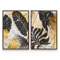 Quadro Decorativo Kit Abstrato Folhas Douradas Marmorizado Mármore Branco - Bimper
