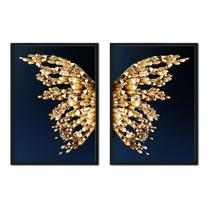 Quadro Decorativo Kit C/02 Borboleta Asas Douradas Sala Quarto Escritório 91x63