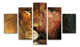Quadro Decorativo Kyme Face De Jesus Leão Judá 5 Peças