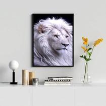 Quadro Decorativo Leão Branco 33x24cm Madeira Preta