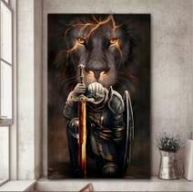 Quadro Decorativo Leão com Armadura e Espada 80x60 Quadro Decorativo Leão com Armadura e Espada 80x60