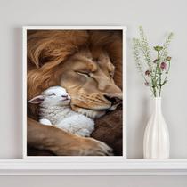 Quadro Decorativo Leão Com Cordeiro 45x34cm - com vidro Quadro Decorativo Leão Com Cordeiro 45x34cm - com vidro