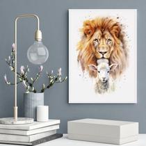 Quadro Decorativo Leão Com Cordeiro Aquarela 24x18cm - com vidro