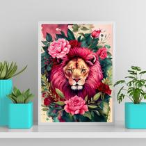 Quadro Decorativo Leão Com Rosas 33x24cm - com vidro