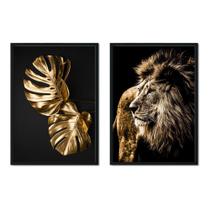 Quadro Decorativo Leão Costela de Adão Dourado Sala Quarto Escritório 33x43cm cada