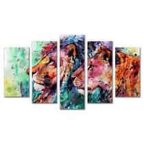 Quadro decorativo leão e leoa colorido abstrato 5 peças 115x60 - cantinho da arte
