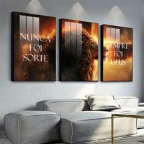 Quadro Decorativo Leão Envolto em Chamas Religioso Nunca foi Sorte Sempre foi Deus Sala Escritório