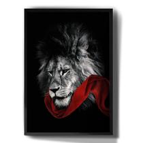 Quadro Decorativo Leão Faixa Vermelha Fundo Preto Art