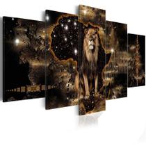 Quadro Decorativo Leão Marrom Universo Sala 5 Peças