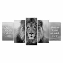 Quadro Decorativo Leão Preto E Branco Frase 129X61 5 Peças