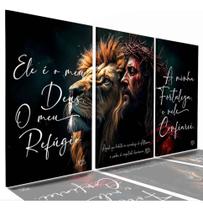 Quadro Decorativo Leão Rei De Judá Jesus Cristo Frase Deus Colorido Colorido