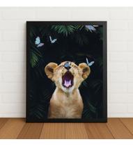 Quadro Decorativo Leãozinho E Borboletas Com Moldura E Vidro Preto Quadro Decorativo Leãozinho E Borboletas Com Moldura E Vidro Preto