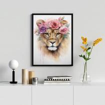 Quadro Decorativo Leoa Com Coroa DeFlores 45x34cm - com vidro Quadro Decorativo Leoa Com Coroa DeFlores 45x34cm - com vidro