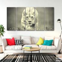 Quadro Decorativo Leoa Sépia 5 partes 140x65