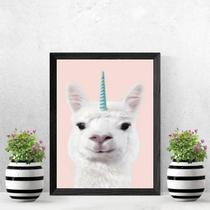 Quadro Decorativo Lhama Unicórnio Moldura Branca 24X18Cm