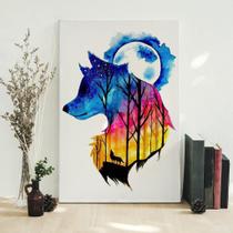 Quadro Decorativo Lobo Paisagem Colorido Em Canvas Lua - Leron