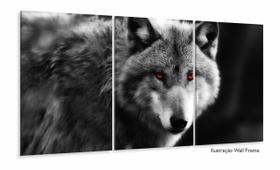 Quadro Decorativo Lobo Preto e Branco 120x60 3 peças sala quarto Quadro Decorativo Lobo Preto e Branco 120x60 3 peças sala quarto