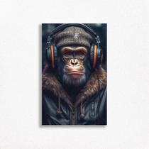 Quadro Decorativo Macaco Fone De Ouvido Gorro Jaqueta Gamer