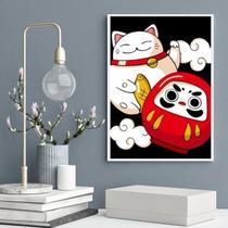 Quadro Decorativo Maneki Neko E Daruma 24X18Cm - Com Vidro