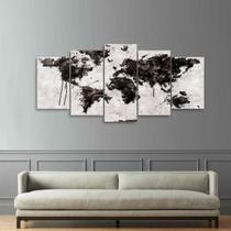 Quadro decorativo Mapa Mundi Animais Abstrato 5 Peças 125x60