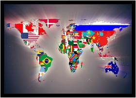Quadro Decorativo Mapa-Múndi Artístico Bandeiras Geografia Sala Escritório Quarto Com Moldura RC018