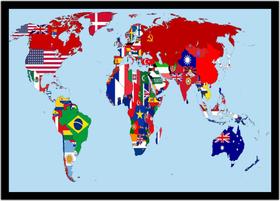Quadro Decorativo Mapa-Múndi Artístico Continentes Bandeiras Salas Escritórios Com Moldura RC083