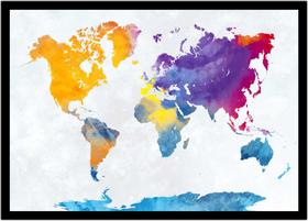 Quadro Decorativo Mapa-Múndi Artístico Continentes Geografia Sala Escritório Com Moldura RC064