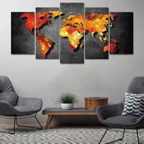 Quadro Decorativo Mapa Mundi Black 5 peças 129x63 em Tecido